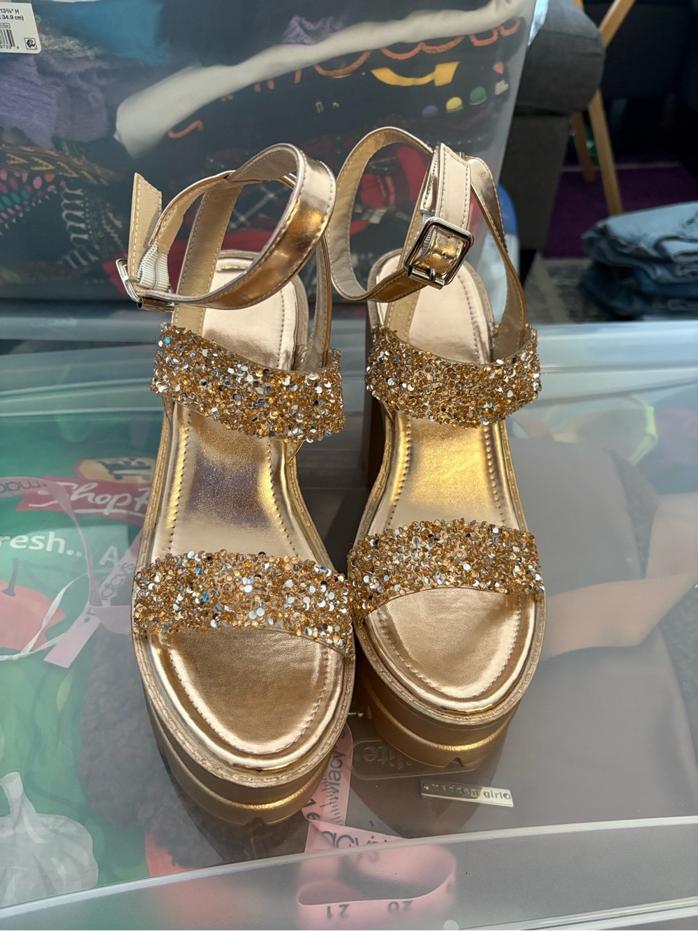SHEIN Gold Glitter Platform Sandals with Ankle Strap 10